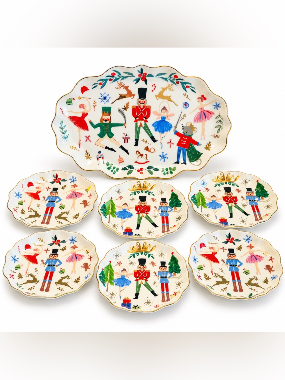 Robert Stanley Nutcracker Ballet Christmas Platter 6 Dessert Plates 7 Pc Set